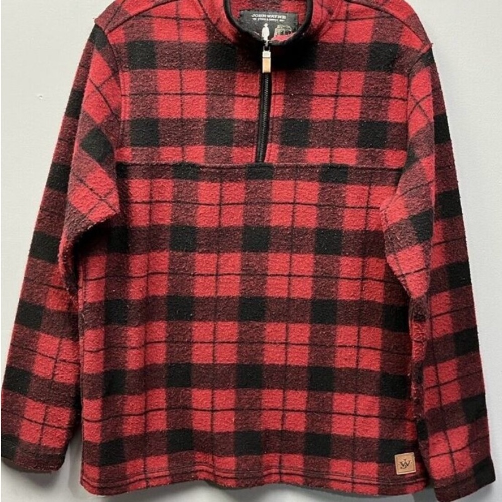 Red and Black Zip Up Sweater with Classic Plaid Design